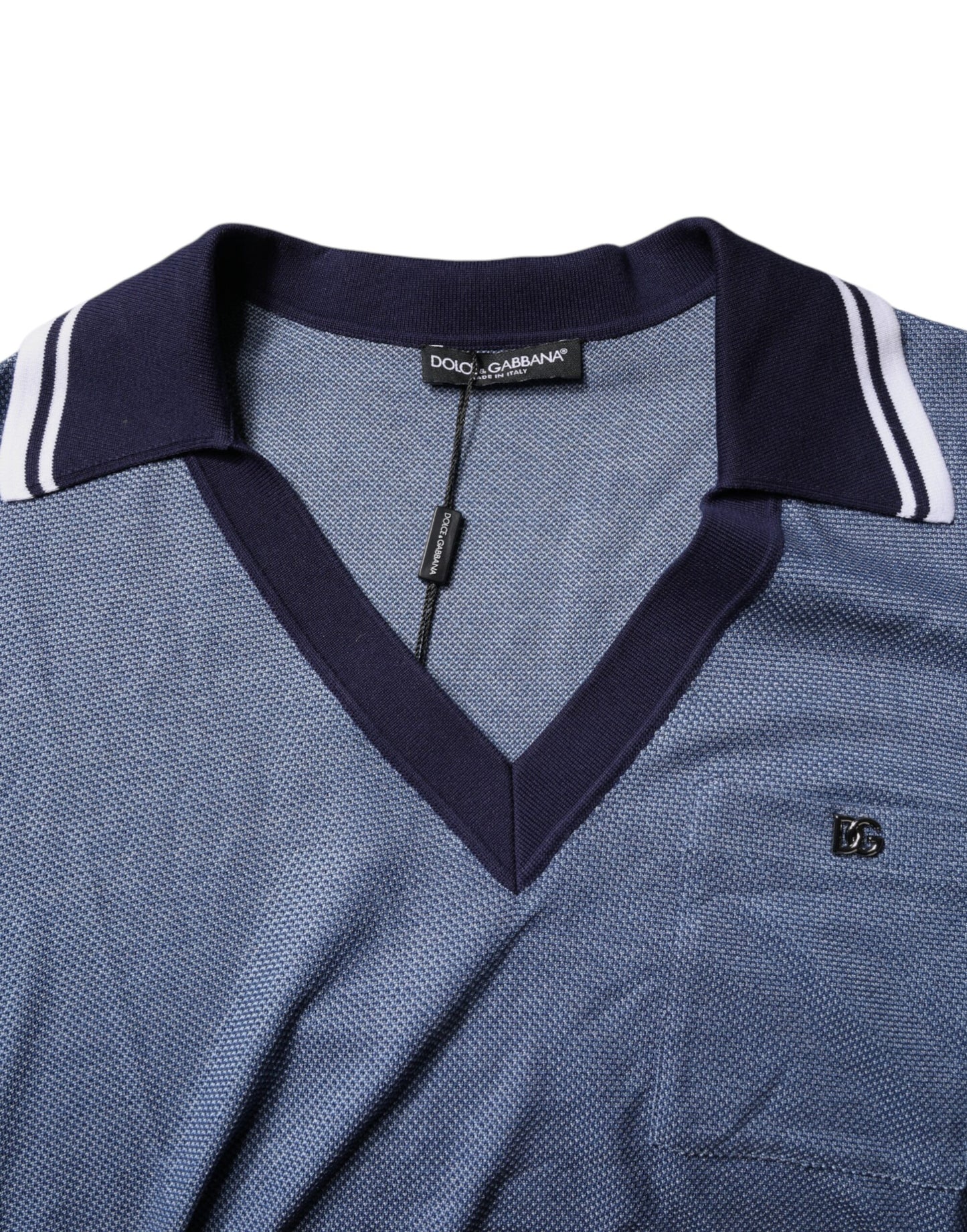 Dolce & Gabbana – Blaues Poloshirt aus Seidenmischung mit V-Ausschnitt und Kragen