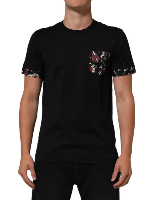 Dolce & Gabbana Schwarzes Baumwoll-T-Shirt mit Rundhalsausschnitt und Musikdruck