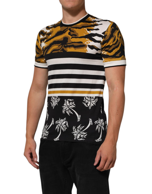 Dolce & Gabbana Mehrfarbiges T-Shirt mit Rundhalsausschnitt und Leopardenmuster in Palmenblättern für Herren