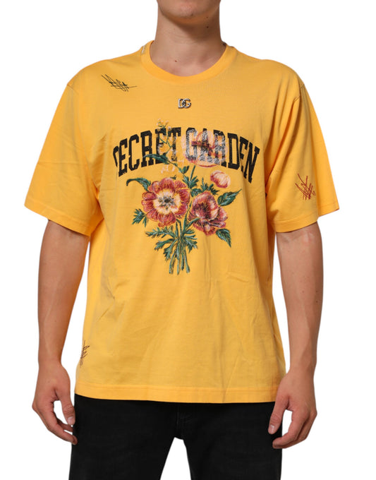 Dolce & Gabbana Gelbes T-Shirt aus Baumwolle mit Rundhalsausschnitt und Blumenmuster „Secret Graden“
