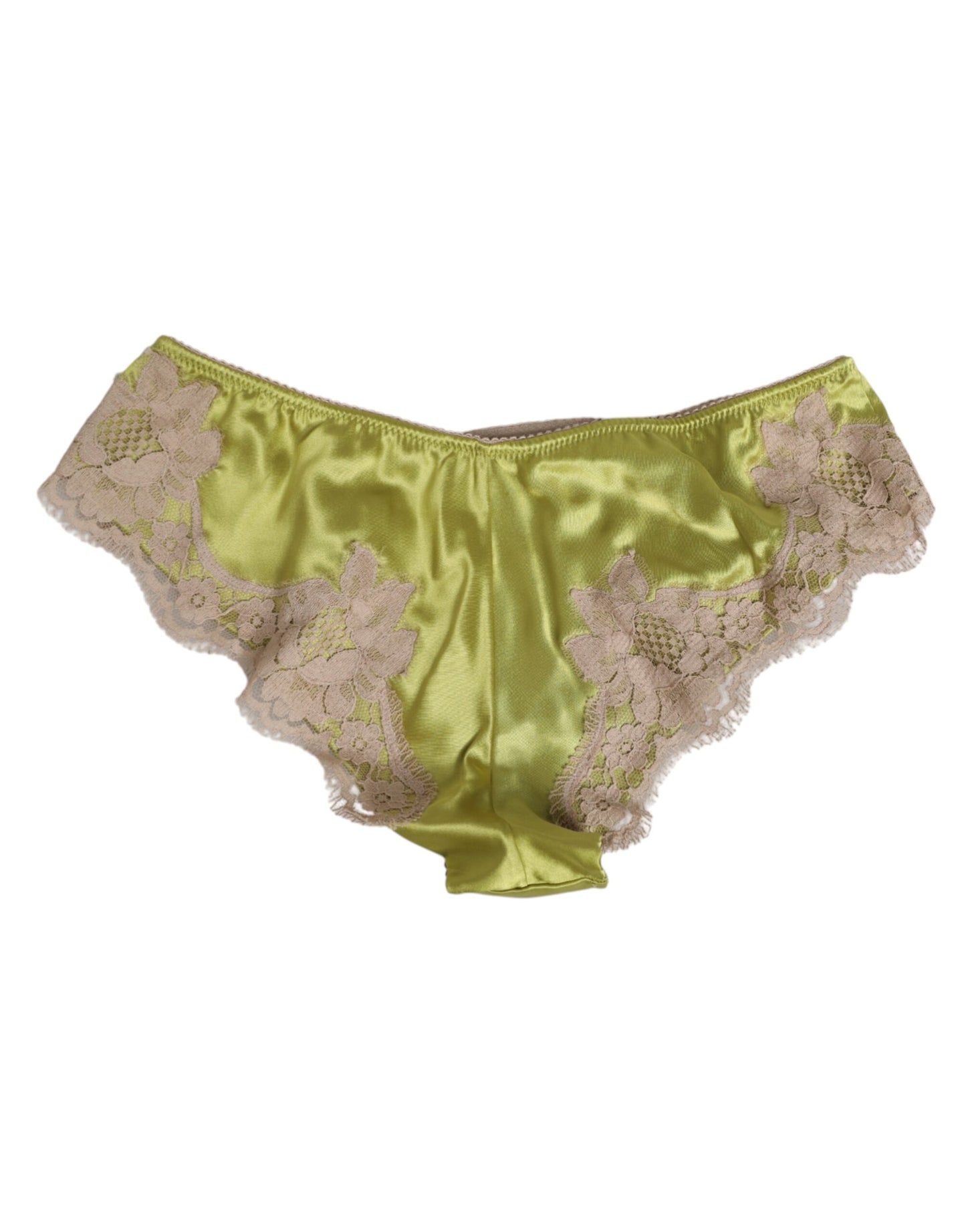 Dolce & Gabbana – Grüne Seidensatin-Höschen mit floralem Spitzenbesatz
