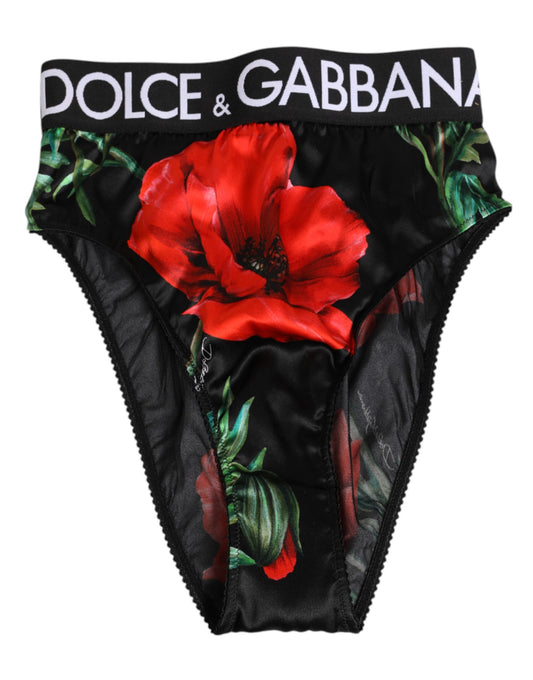 Dolce & Gabbana – Schwarze Seiden-Höschen mit Blumenmuster und hoher Taille