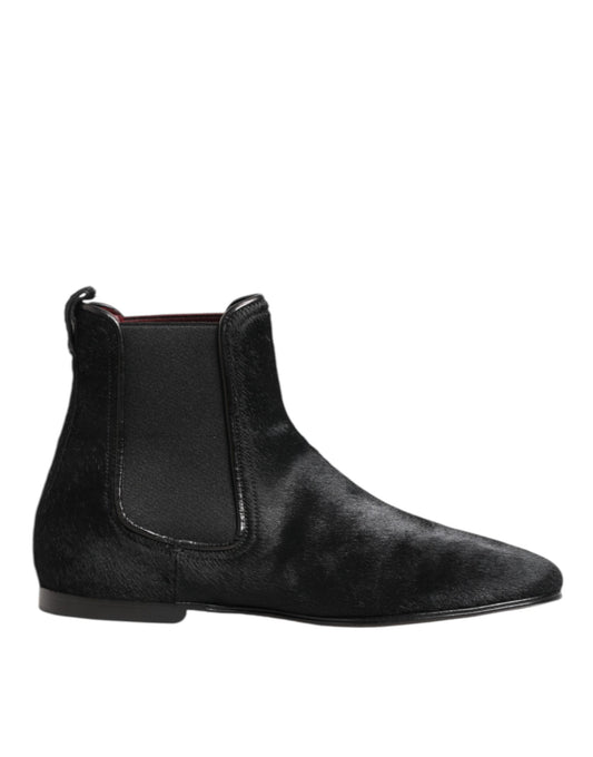 Dolce & Gabbana Schwarzes Leder Pelz Männer CHELSEA Stiefel Schuhe