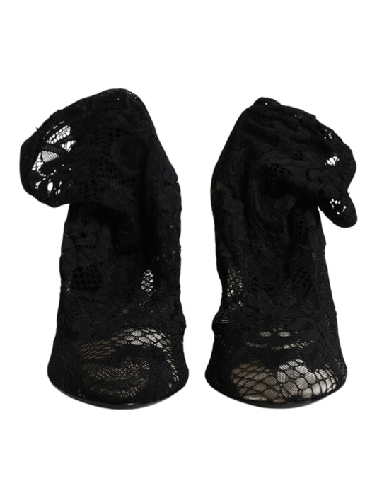 Dolce & Gabbana – Schwarze, wadenhohe Stiefel mit Stretch-Absatz aus Spitze