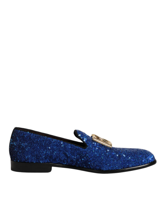 Dolce & Gabbana Blue Sequined Loafers Formal Dress Men Shoes