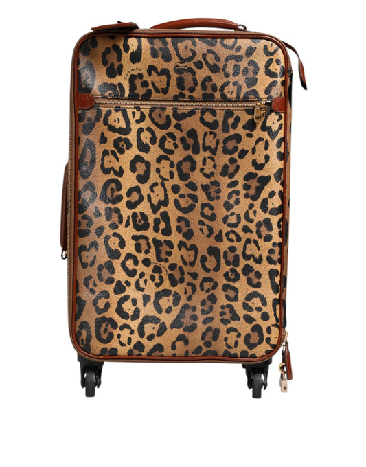 Dolce & Gabbana Brown Leopard Print Leather Trolley Travel Wheel Suitcase Bag