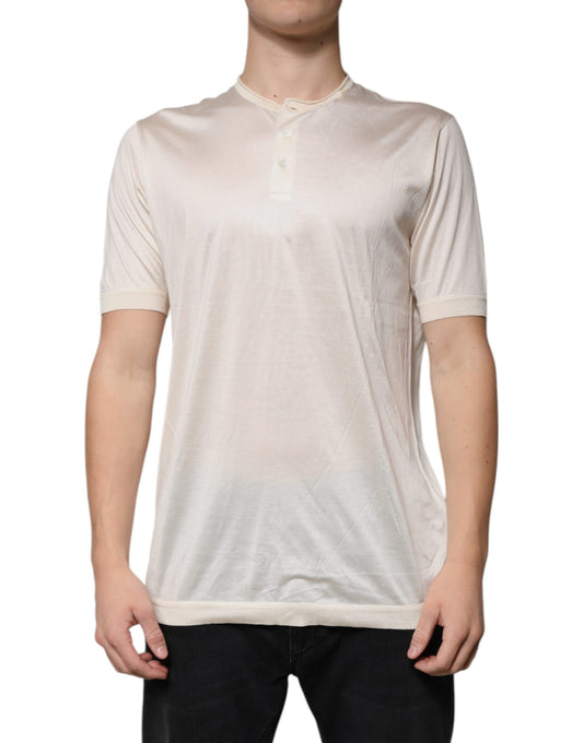 Dolce & Gabbana – Henley-T-Shirt aus Seide in Off-White mit kurzen Ärmeln