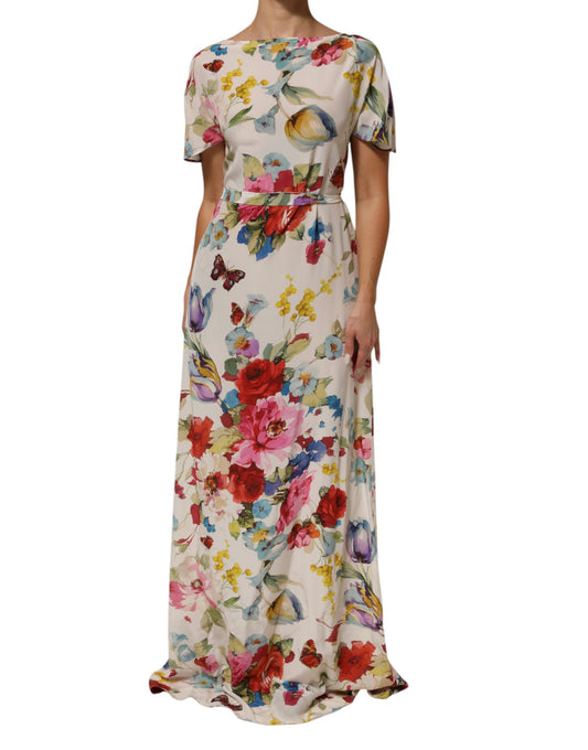 Dolce & Gabbana – Langes Etuikleid aus Seide mit Blumenmuster in Weiß