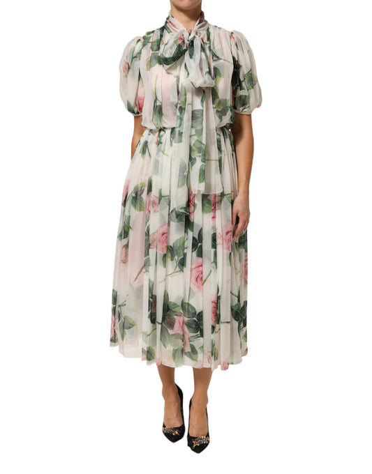 Dolce & Gabbana – Weißes, plissiertes Midikleid aus Seide mit Blumendruck