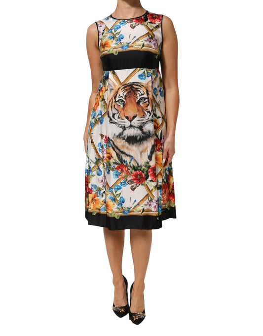 Dolce & Gabbana – Weißes, ärmelloses A-Linien-Kleid mit Tiger-Blumenmuster