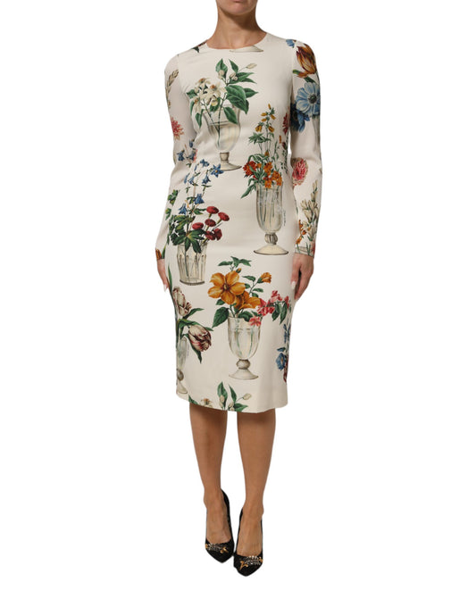 Dolce & Gabbana – Weißes Midi-Etuikleid aus Seide mit Blumenvase