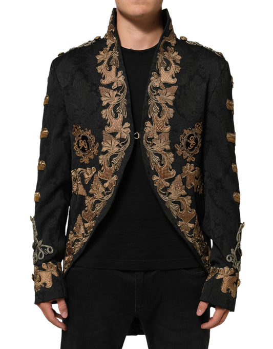 Dolce & Gabbana Schwarze Brokat-Stickerei Herren Manteljacke