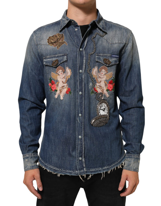 Dolce & Gabbana Blue Angel Patch Denim Button Down Herrenhemd