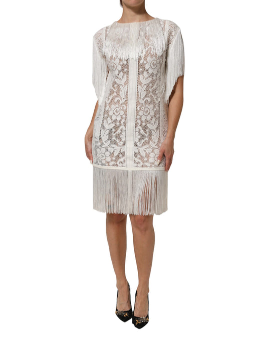 Dolce & Gabbana – Knielanges Kleid mit weißen Blumen und Spitzenfransen