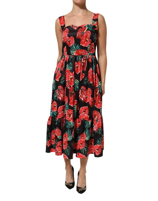 Dolce & Gabbana – Midikleid aus Baumwollpopeline mit mehrfarbigem Blumenmuster
