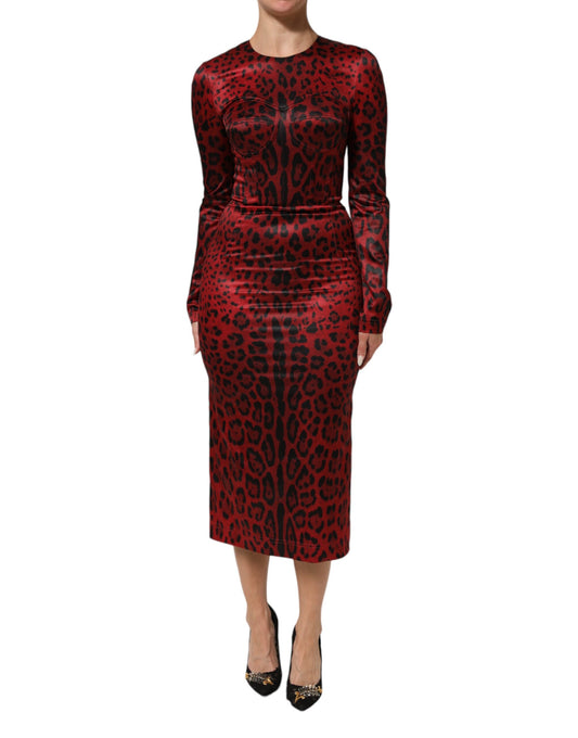 Dolce & Gabbana – Rotes Etuikleid mit langen Ärmeln und Leopardenmuster