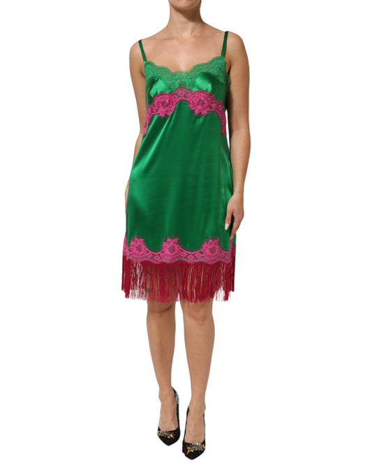 Dolce & Gabbana – Grünes Dessous-Kleid mit Blumenspitze und Fransen
