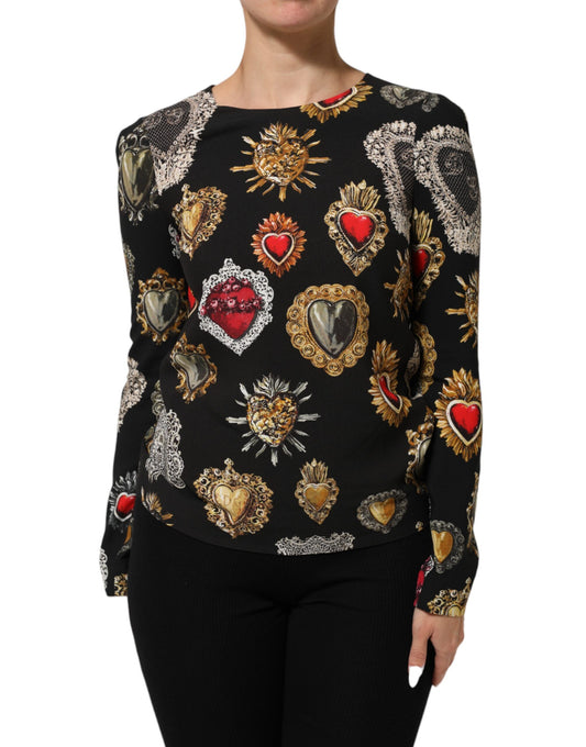 Dolce & Gabbana – Schwarzes, langärmliges Oberteil mit Herz-Jesu-Print