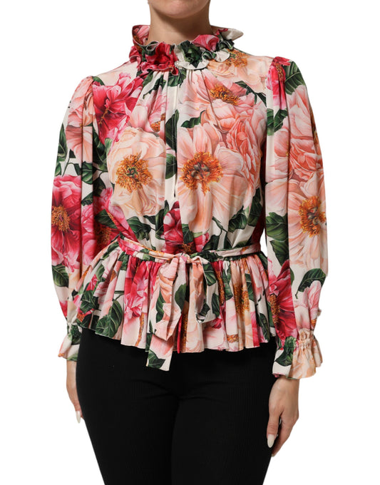 Dolce & Gabbana – Blusentop aus Seide mit Rüschen und Blumenmuster in Rosa