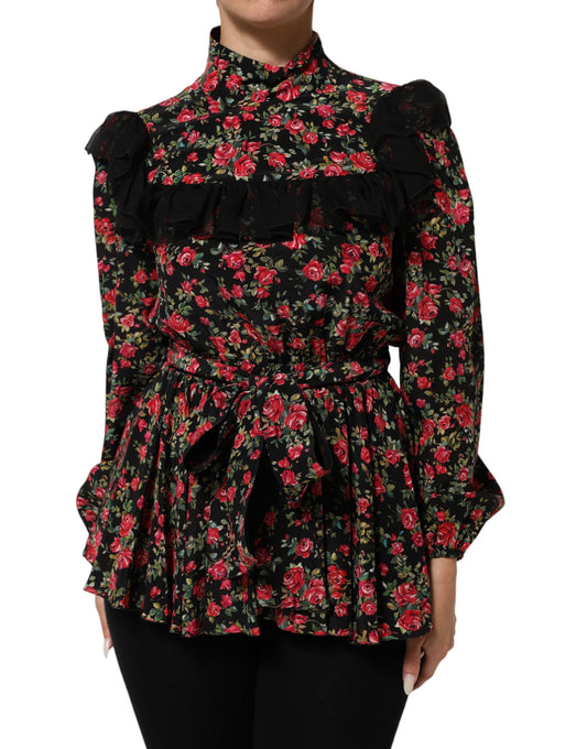 Dolce & Gabbana – Schwarzes, langärmliges Blusentop mit Blumenmuster