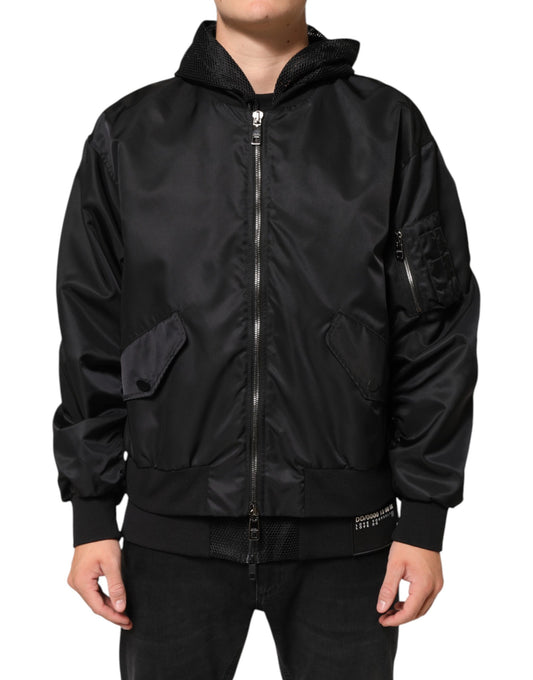 Dolce & Gabbana – Schwarze Bomberjacke aus Nylon mit durchgehendem Reißverschluss und Kapuze für Herren