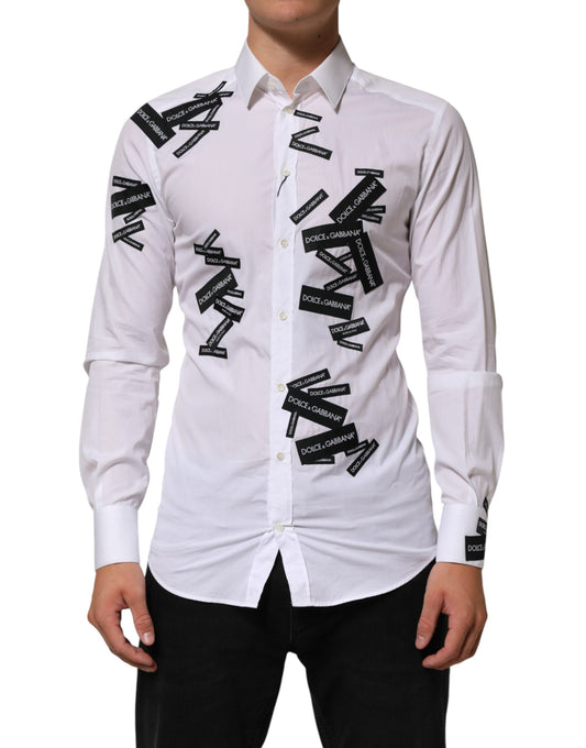 Dolce & Gabbana White Logo Cotton Collared GOLD Dress Shirt
