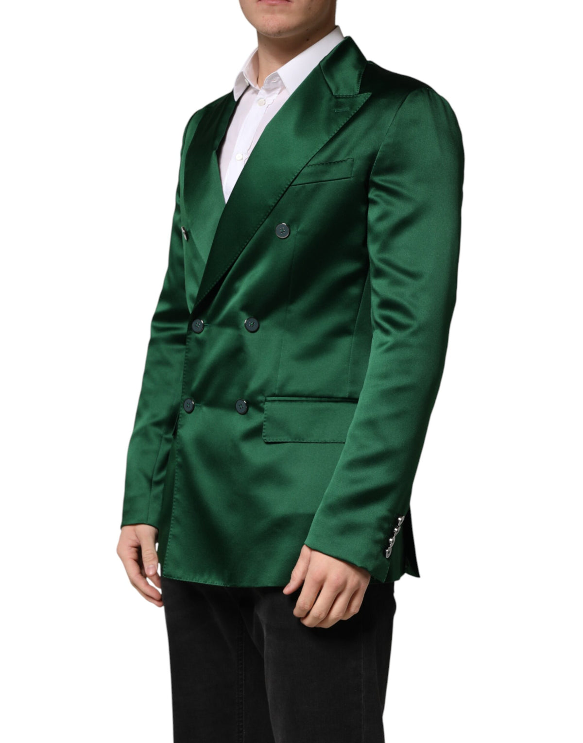 Dolce & Gabbana Green Satin Double Breasted Jacket Blazer