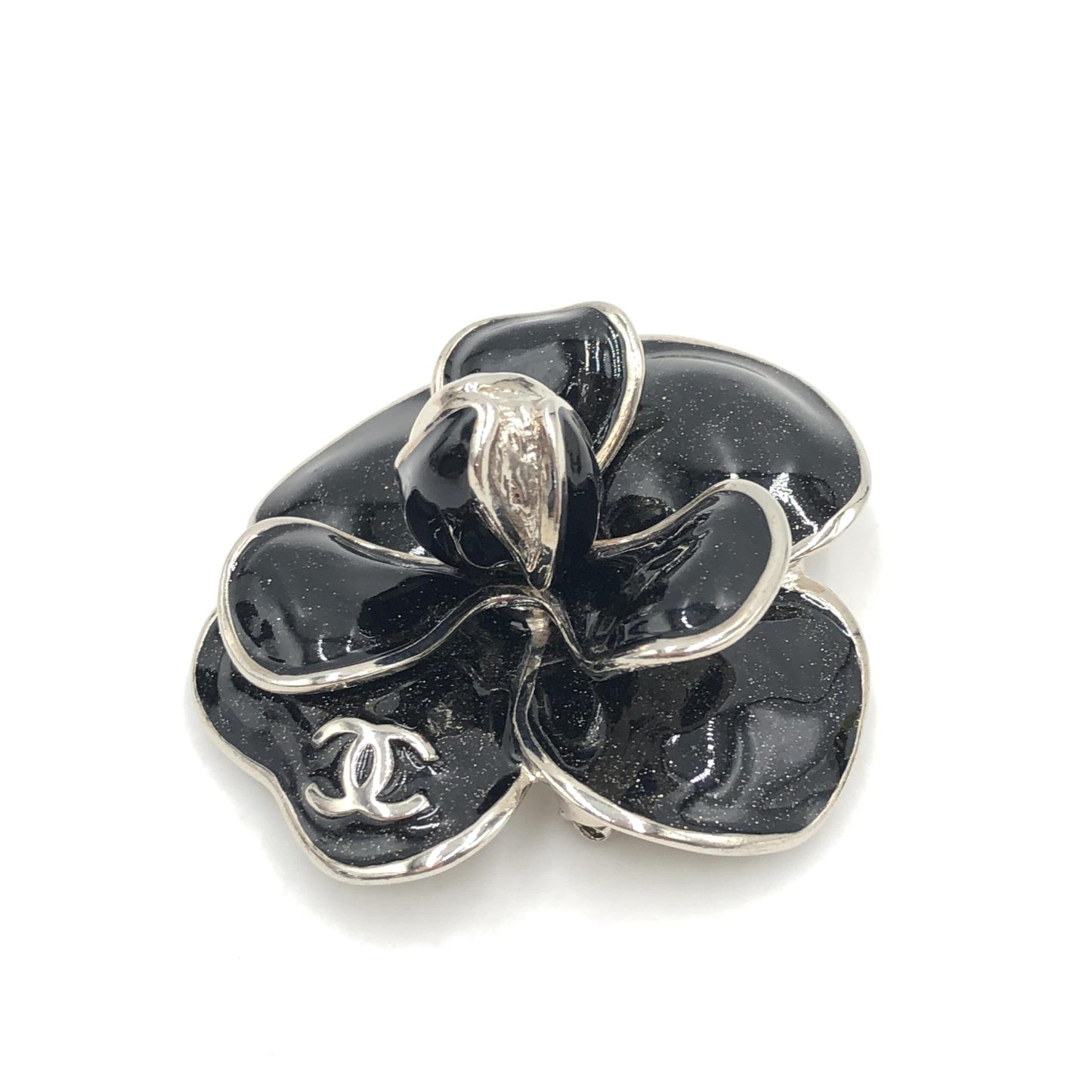 Chanel Black Enamel Flower Brooch With Silver-Tone