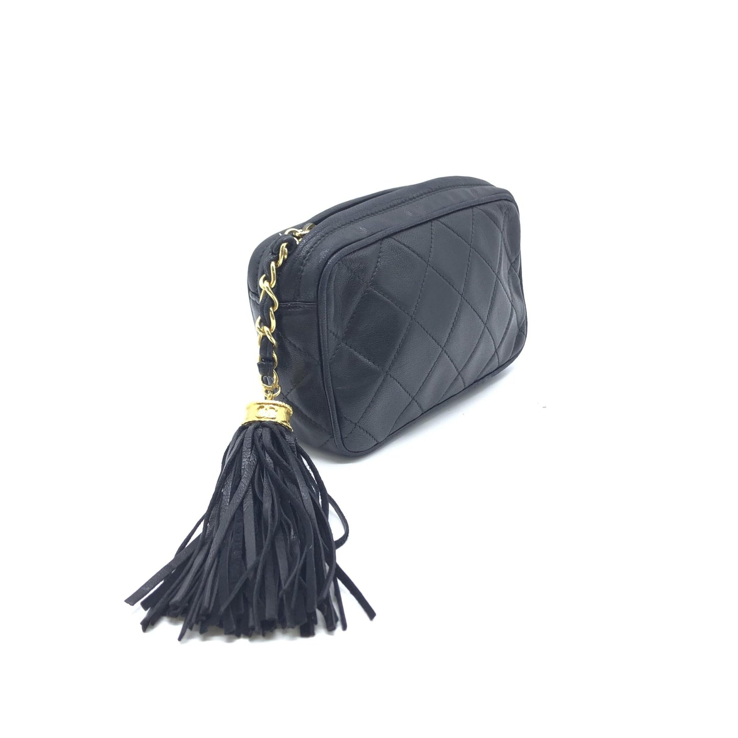 Chanel Black Quilted Leather Pouch With Tassels