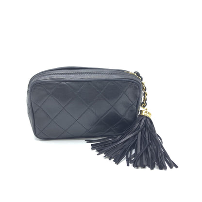 Chanel Black Quilted Leather Pouch With Tassels