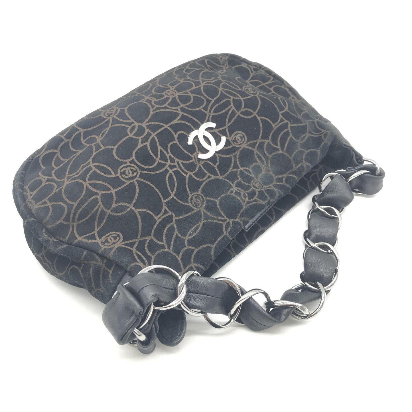 Chanel Camellia Chain Black Suede Shoulder Bag With Logo