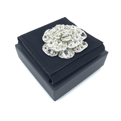 Chanel Silver Crystal Camellia Flower Brooch