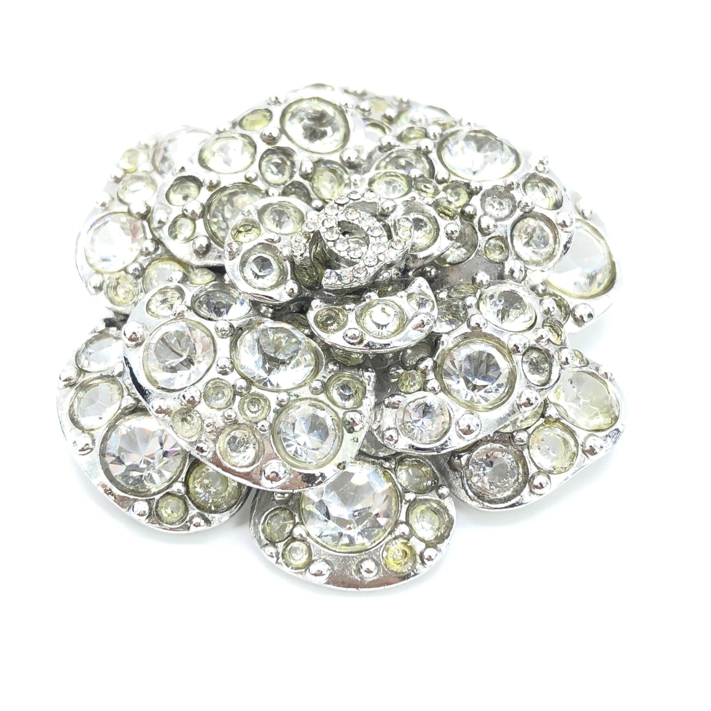 Chanel Silver Crystal Camellia Flower Brooch