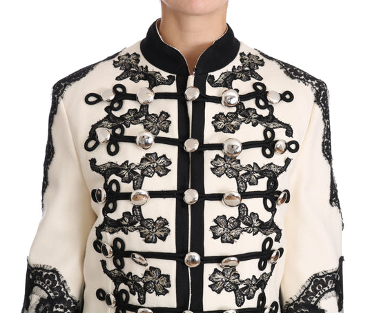 Dolce &amp; Gabbana – Weiße, schwarze Jacke aus Wolle mit Blumenmuster im Barockstil