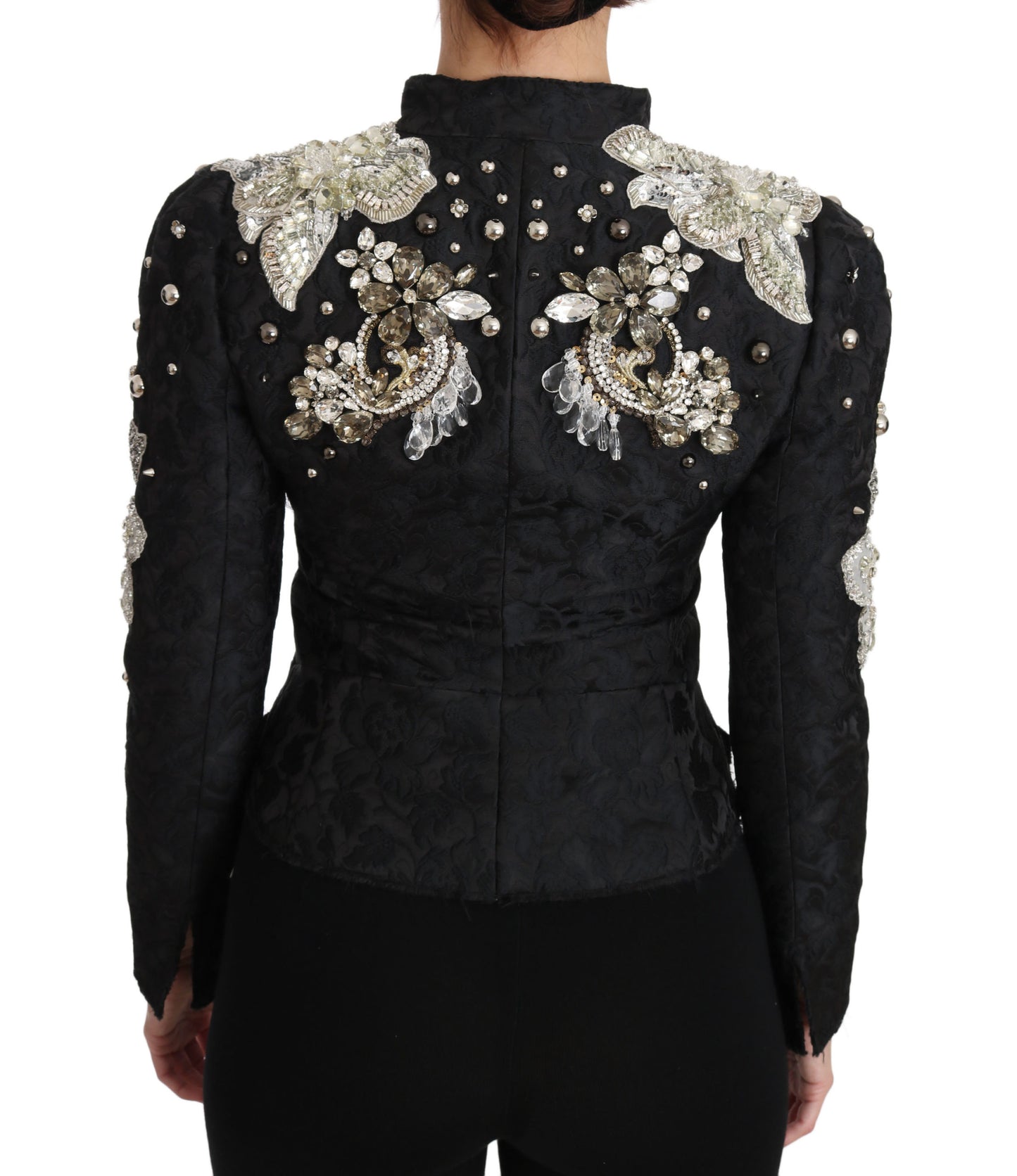 Dolce &amp; Gabbana Schwarze Jacquard-Jacke mit Kristallblumenmuster