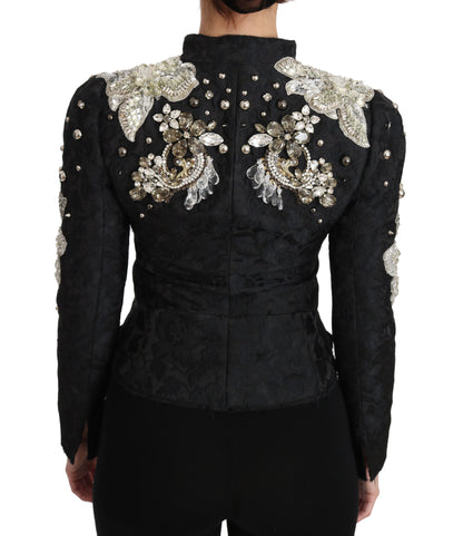 Dolce &amp; Gabbana Schwarze Jacquard-Jacke mit Kristallblumenmuster