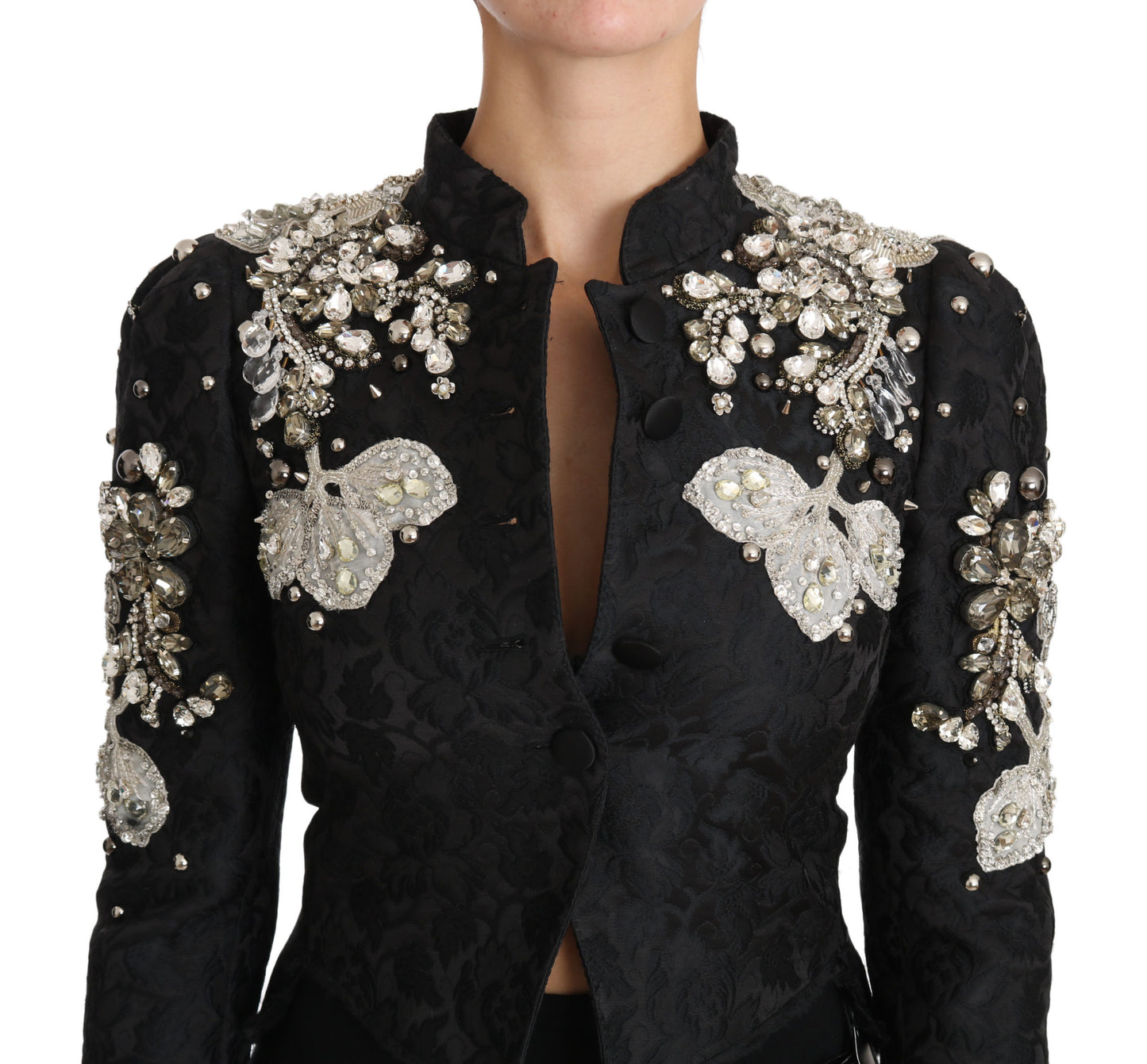 Dolce &amp; Gabbana Schwarze Jacquard-Jacke mit Kristallblumenmuster