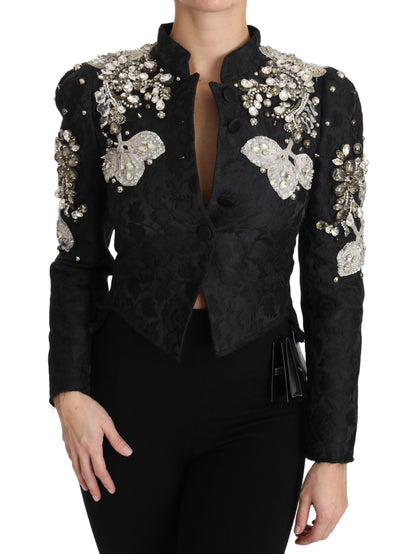 Dolce &amp; Gabbana Schwarze Jacquard-Jacke mit Kristallblumenmuster