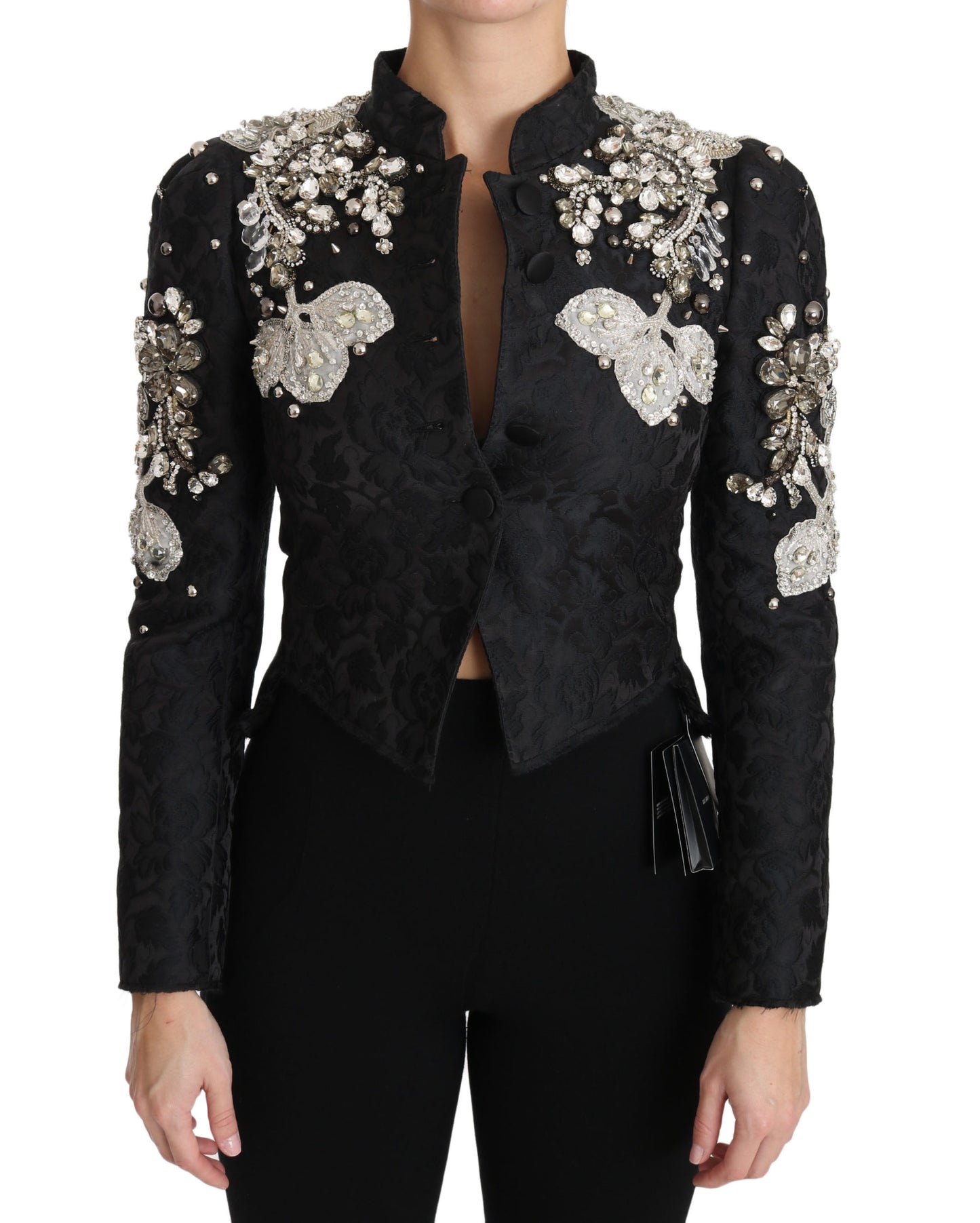 Dolce &amp; Gabbana Schwarze Jacquard-Jacke mit Kristallblumenmuster