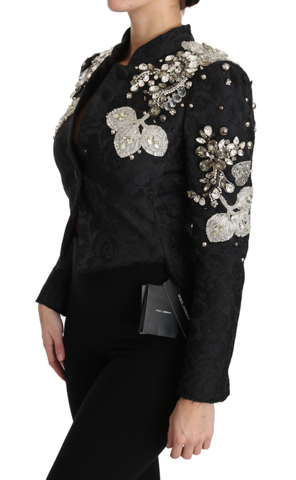 Dolce &amp; Gabbana Schwarze Jacquard-Jacke mit Kristallblumenmuster