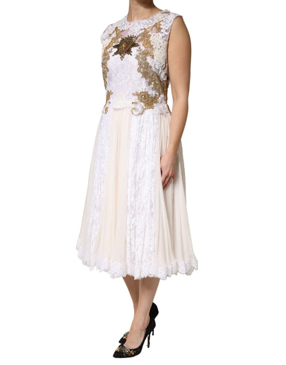 Dolce & Gabbana Ivory Lace Silk Embellished Sleeveless  Dress