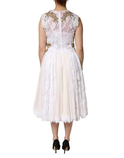 Dolce & Gabbana Ivory Lace Silk Embellished Sleeveless  Dress