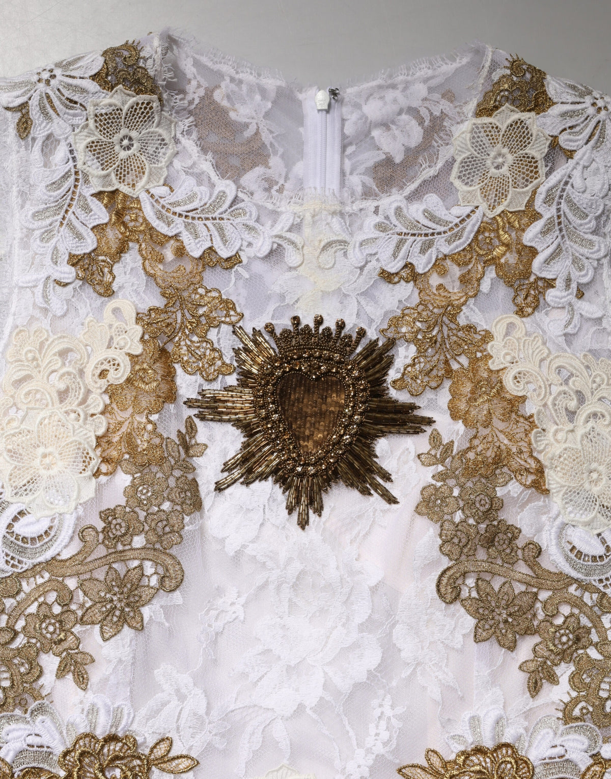 Dolce & Gabbana Ivory Lace Silk Embellished Sleeveless  Dress