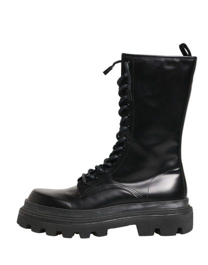 Dolce & Gabbana Black Leather Trek Sole Combat Boots Shoes