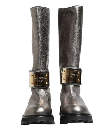 Dolce & Gabbana Metallic Silver Leather Mid Calf Boots Shoes