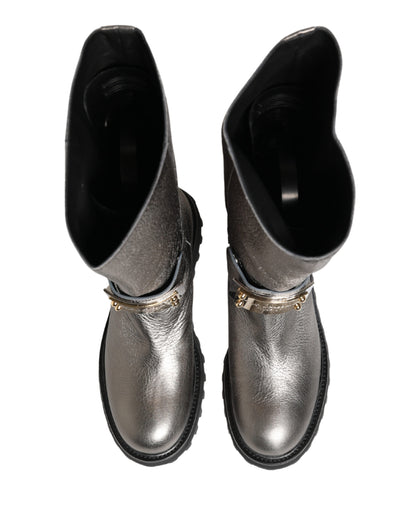 Dolce & Gabbana Metallic Silver Leather Mid Calf Boots Shoes
