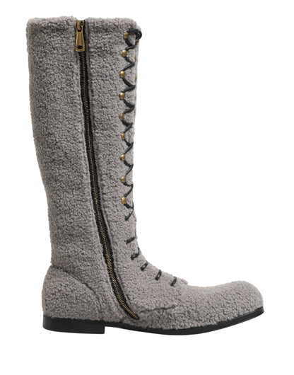 Dolce & Gabbana Gray Shearling Lace Up Knee High Boots Shoes