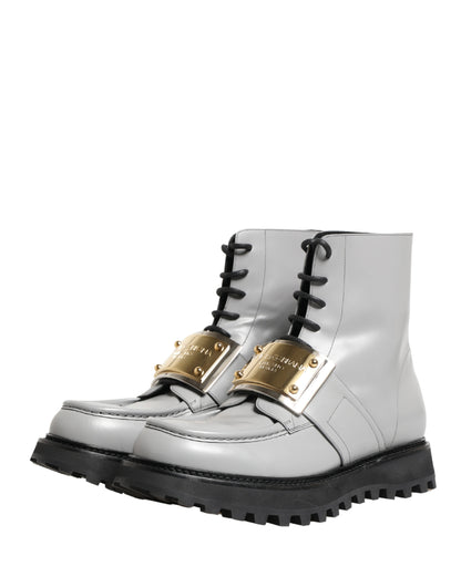 Dolce & Gabbana Gray Leather Logo Plaque Ankle Boots Shoes