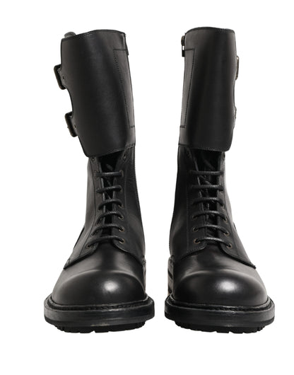 Dolce & Gabbana Black Leather Belted Buckle Combat Boots Shoes