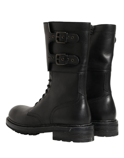 Dolce & Gabbana Black Leather Belted Buckle Combat Boots Shoes